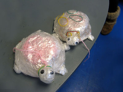 Some of the sellotape tortoises created by the participants during the workshop!